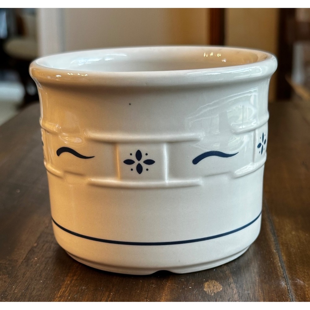 Longaberger Pottery Woven Traditions Ivory‎ Blue Small Crock Utensil Holder USA